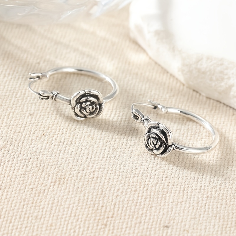 Women's Silvery 3D Rose Flower Stud Hoop Earrings, Minimalist Design